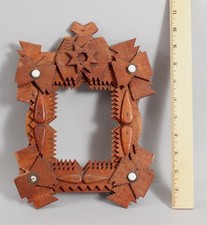 Small Antique Primitive Folk TRAMP ART Chip Carved Wood Painting Mirror Frame NR