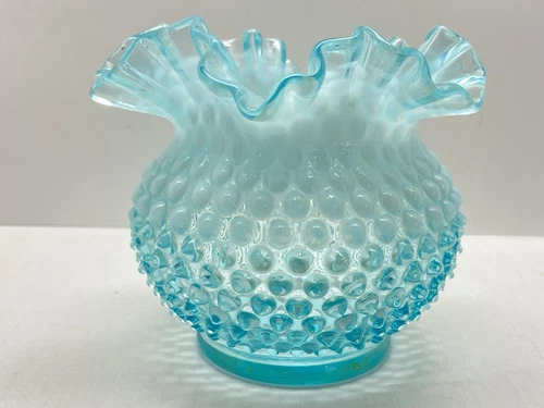 Vintage Fenton Blue Opalescent Hobnail Glass Vase with Ruffled Edge