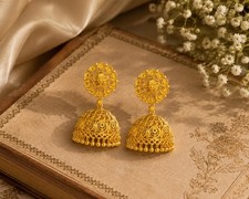 18k Gold Plated Indian Jhumka Earrings, Brass Base, Art Deco Style, Women's