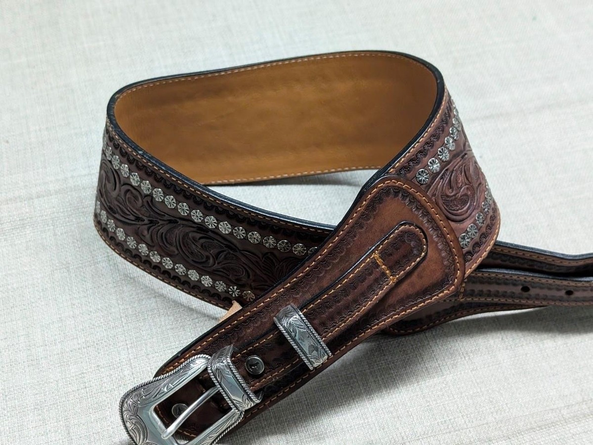 RANGER BELT COMPANY Western Style Stars and Hide Size 30” Hand Tooled  Leather Western Silver Engraved Horsehead Star Conchos Belt Genuine  main image 4