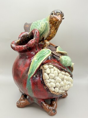 Vintage Chinese Shiwan Ware Shek Wan Art Ceramic Bird & Pomegranate 10  Tall