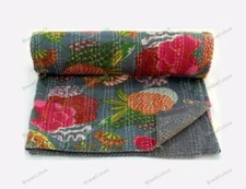 Double Vintage Quilt Bed Runner Kantha Flower Pattern Bedspread Cotton Blanket