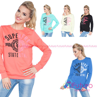 Damen Baumwolle Pullover Superfre Print Rundhalsausschnitt Oberteil Freizeit Bluse Größe 8-12 1914