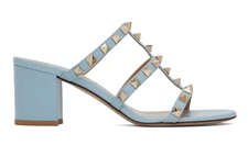 Valentino Rockstud City Slide 60mm Mule Blue Caged Sandal Block Heel Pump 38