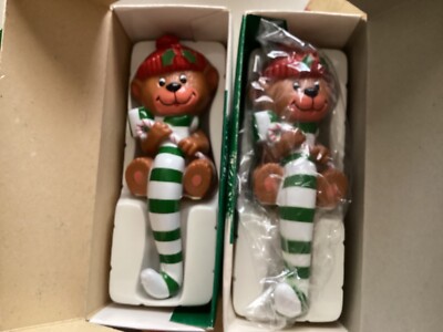 Vtg 1980s NOS two Holiday Bear Stocking Hanger Holder Christmas Mantle Fireplace