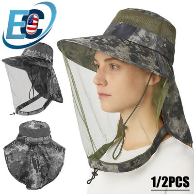 Mosquito Head Net Hat with Neck Flap Wide Brim Sun Protection Cap Hiking Fishing