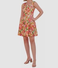Vince Camuto Women's Orange Floral Pleated Fit & Flare Dress Petite Size 2P