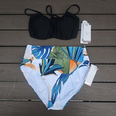 CALIA Women's Solid Black Scrunched Tieback Top  &  Wide Band Bikini Sz M New