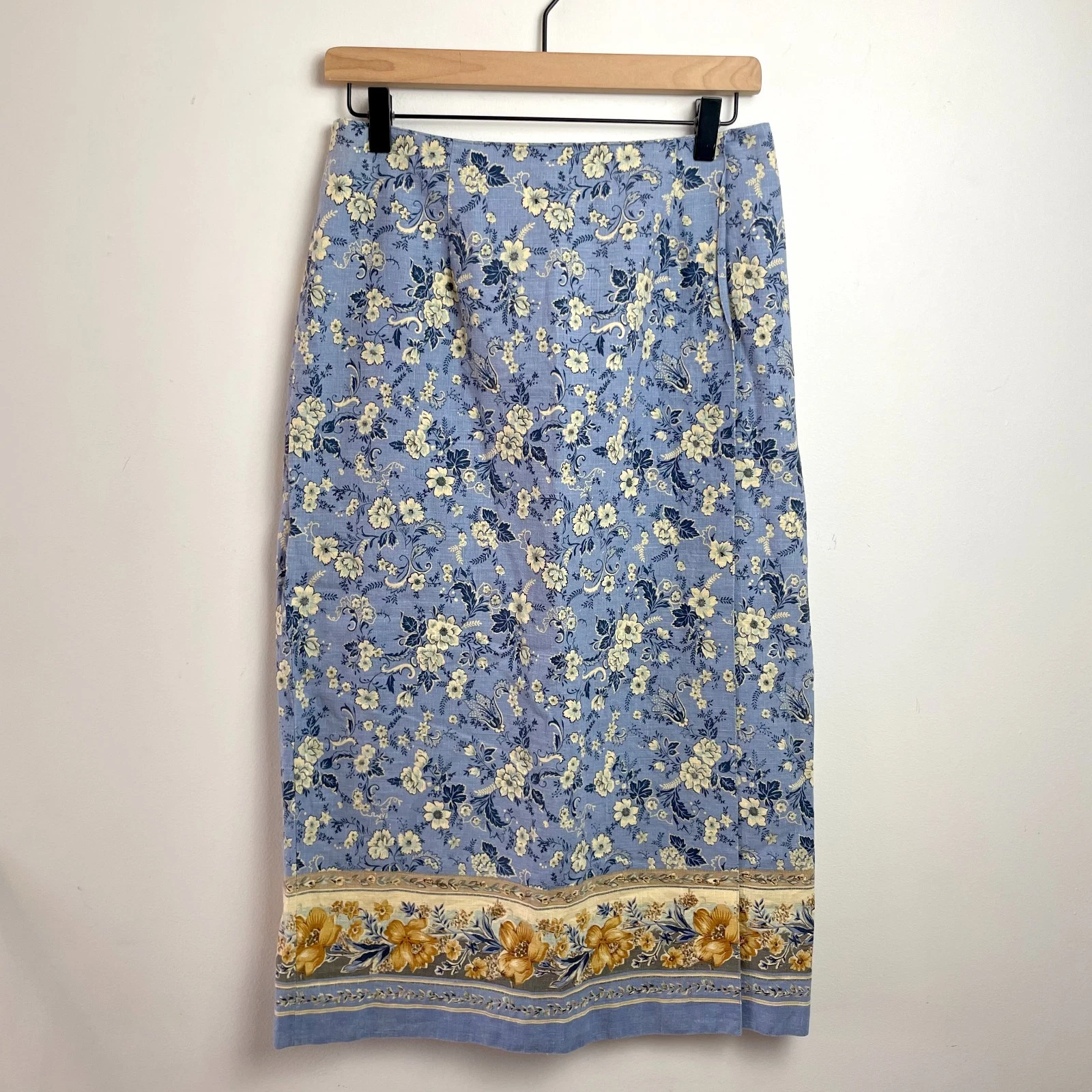 Vintage 90s Talbots Midi Wrap Skirt Medium Floral Linen Cotton Euro Summer
