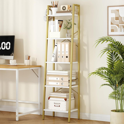 Stylish Ladder Shelf with Hooks - Freestanding Corner Storage for Home & Office