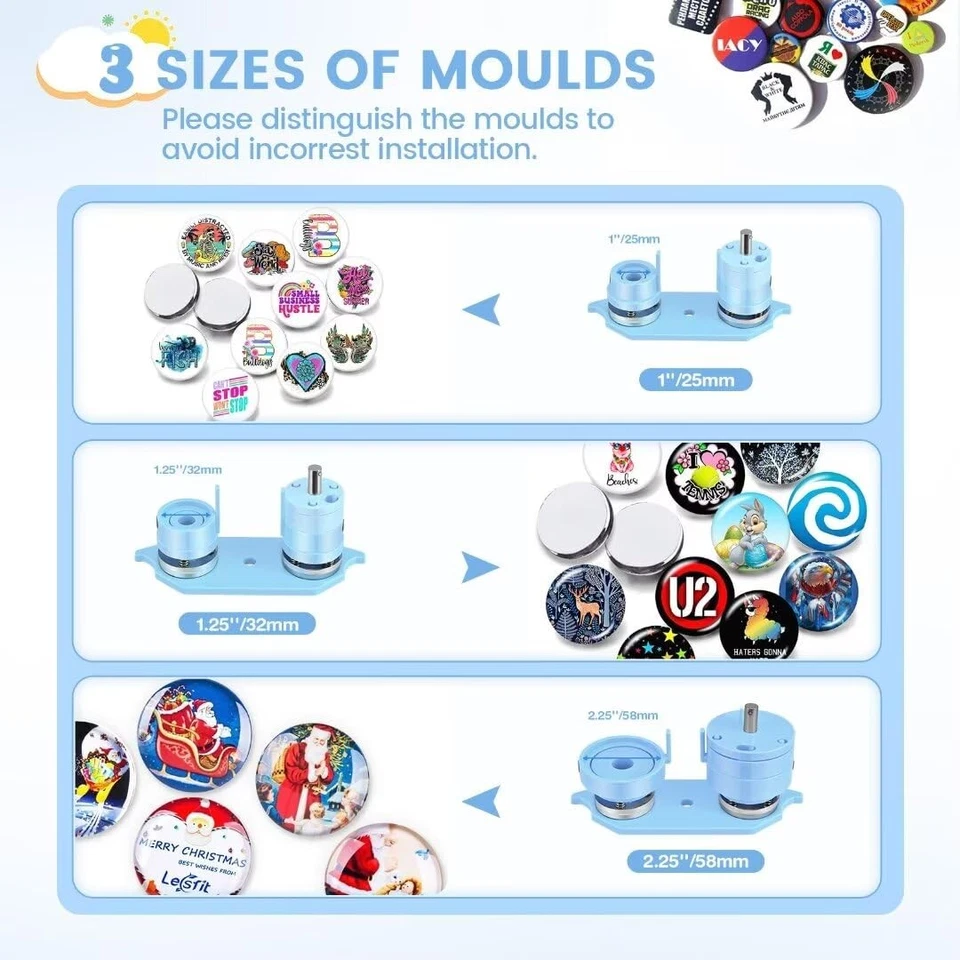 Máquina para hacer botones varios tamaños, 1''+1.25''+2.25'' Pin Maker botón presionar... Foto 3 de 4