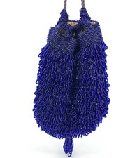 Art Deco Reticule Drawstring Purse Cobalt Blue Glass Seed Beads 11in Flapper Era