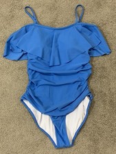 One Piece Swimsuit Womens M Ruffle Ruche Side Adjustable Straps Tropical Blue