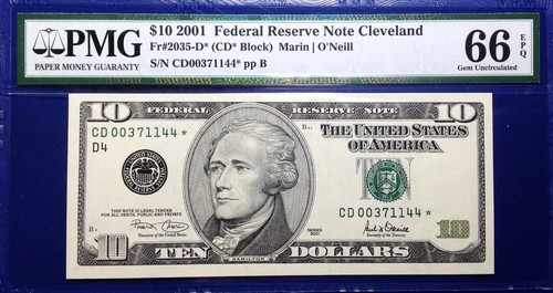2001 $10 Federal Reserve Note Fr-2035-D* Cleveland PMG66 Gem EPQ