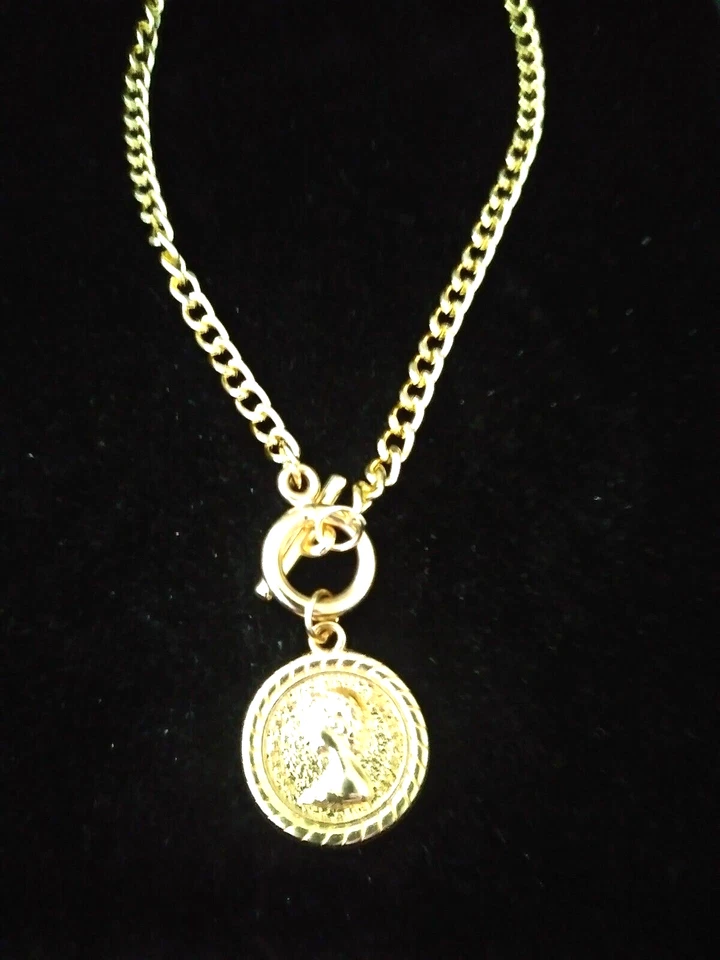 COLLAR CADENA GARGANTILLA MONEDA PALANCA CHAPADA EN ORO 16 pulgadas + BONO