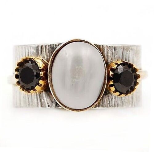 Two Tone Black Tourmaline & Pearl 925 Solid Sterling Silver Ring Sz 7 ,