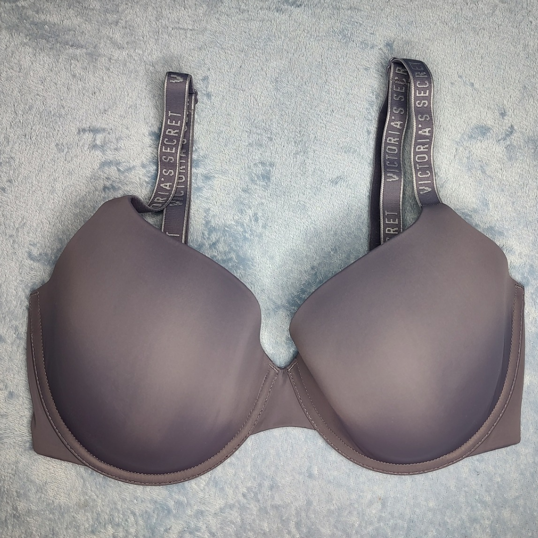 Victorias Secret Logo Straps Gray Black T-Shirt Lightly Lined Wireless Bra 34DDD