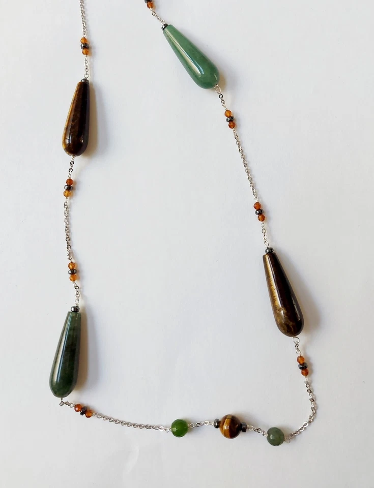 collana in argento 925 e pietre con giada occhio di tigre ed ematite lunga 80 cm - Immagine 2 di 4