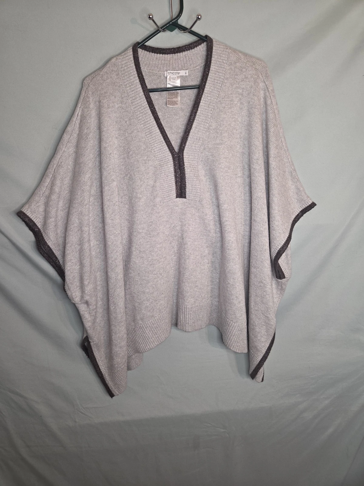 Chico's V-Neck Ball Chain Light Gray Women's Poncho Sweater Size L/XL