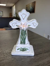 Beautiful Ceramic White Cross with Lily Flower by Greenbrier International