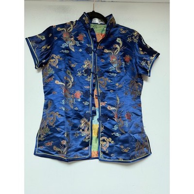 Jin Xiang Dragon Phoenix Blouse Womens M Blue Excellent Embroidered Frog Button