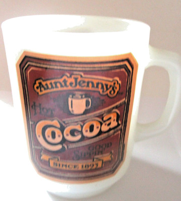Vintage Anchor Hocking Aunt Jenny's Hot Cocoa Milk Glass Mug 1980