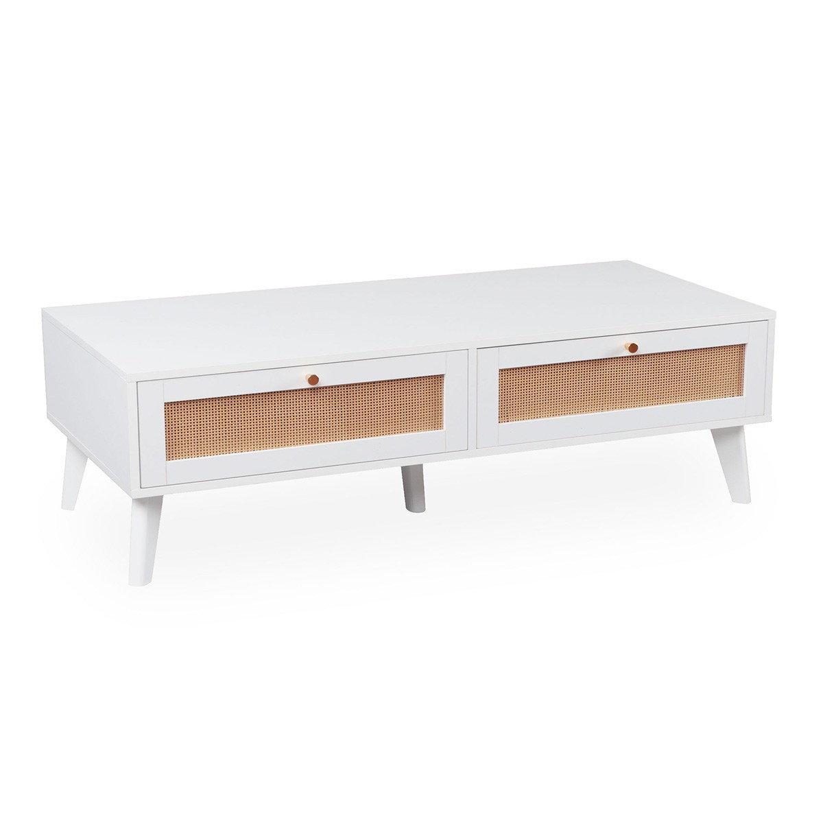 Table Basse Cannage en Rotin Blanc 120cm Lesa pour Salon Chic