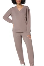AnyBody Women's Cozy Knit French Terry Top & Pants Set Smokey Taupe