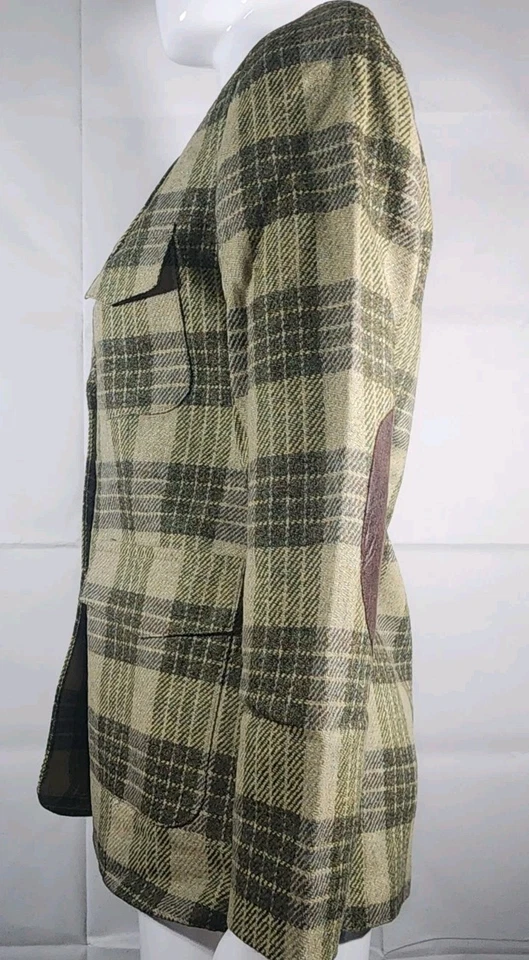 VTG 90s Ellen Tracy Women's Plaid 100% Wool Blazer Jacket Leather Accents - Image 3 of 4