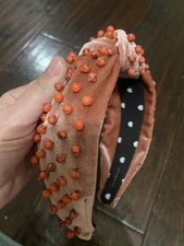 lele sadoughi headband Blush Velvet Coral-orange Bead Embellished Headband 