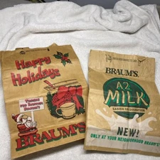 Vintage Set of 2 Braum's Empty Paper Grocery Store Bags Christmas and Generic