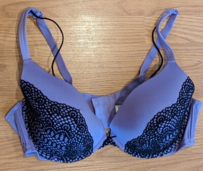 Cacique Bra Smooth Boost Plunge Purple Black Lace Trim - 44D