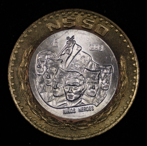 1993 Mexico 50 Neuvos Pesos Silver Bimetallic Ninos Heroes Uncirculated - Afbeelding 1 van 2