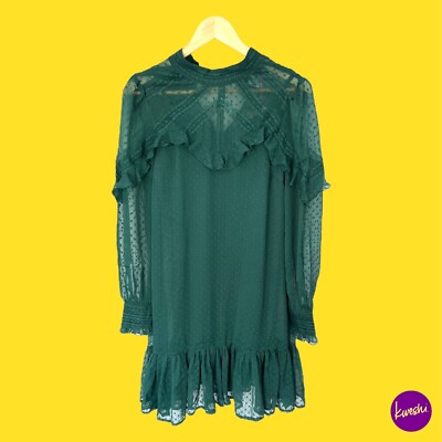 V BY VERY Dobby Damen Rüschen Tunika Kleid, Boho Chic, hoher Ausschnitt, grün, UK 8