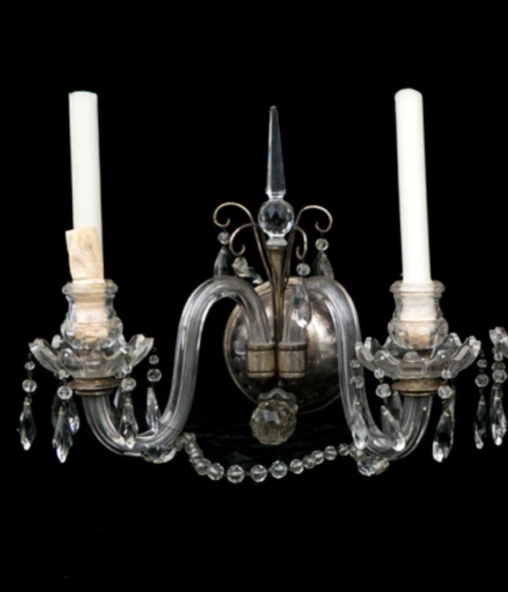 PAR DE APLIQUES ANTIGUOS DE VIDRIO TALLADO ANGLO IRLANDÉS PLACA DE PLATA CALIDAD CALDWELL Foto 2 de 4