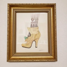 Original Watercolor & Ink Signed Fashion Shoe Illustration Gold Frame 11.5x13.5"