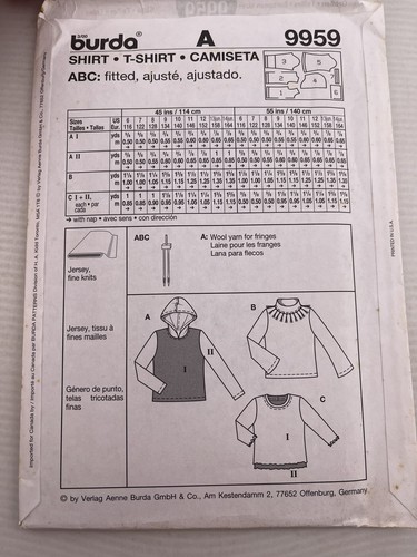 9959 Burda Girls & Juniors SHIRT T-SHIRT Sewing Pattern Sizes 6-14 UNCUT FF - Picture 3 of 4