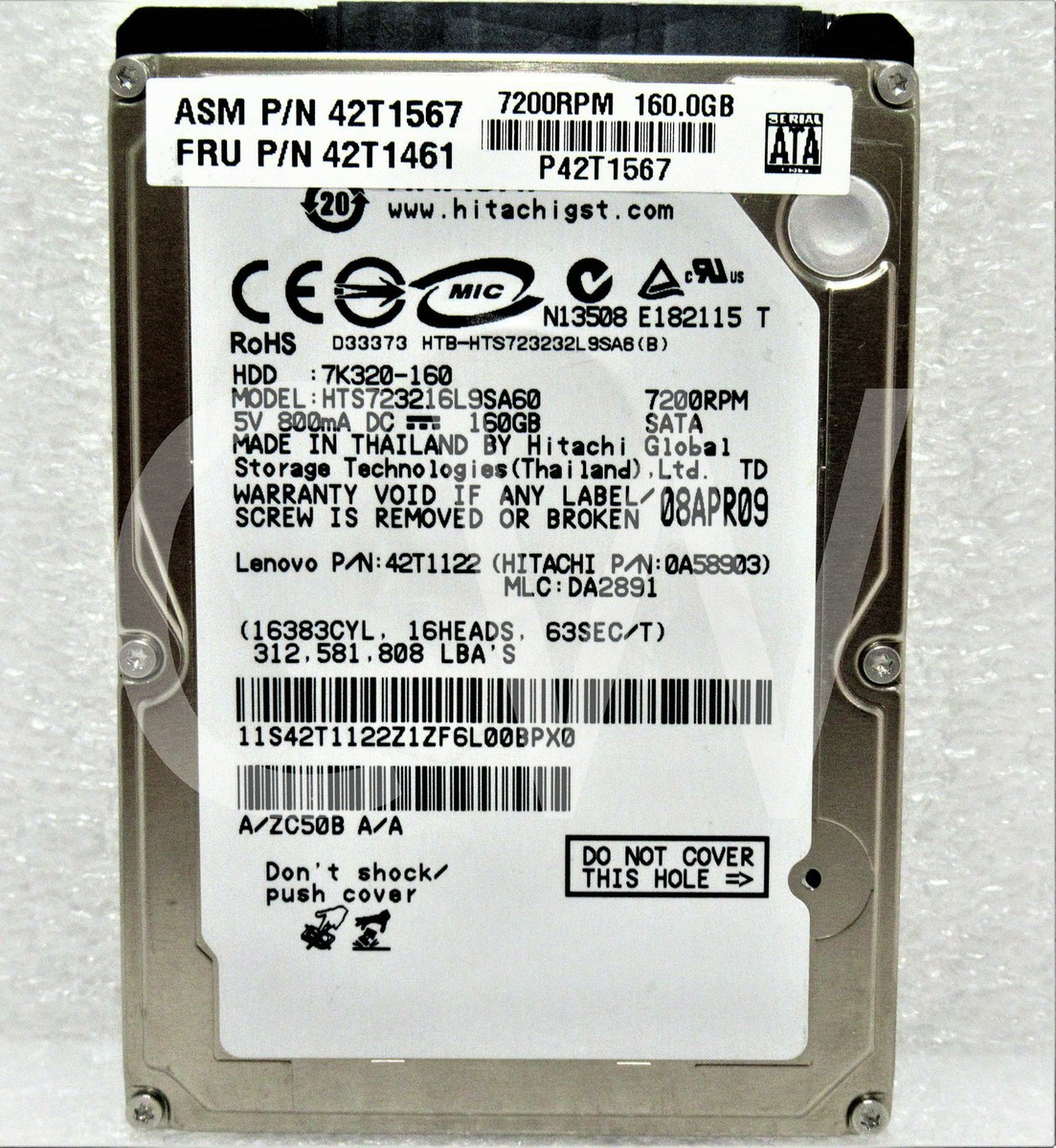 HTS723216L9SA60 Hitachi TRAVELSTAR 160GB 7.2K RPM 1.5Gb/s 2.5