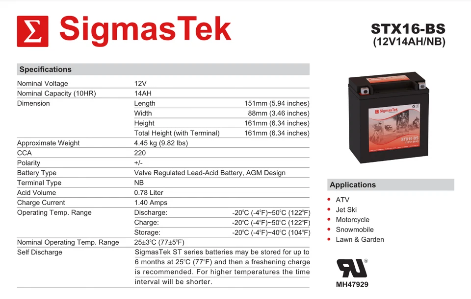 SigmasTek Battery Replacement for Moto Guzzi 1100CC Breva, Griso, 2005-2009 SLA - Изображение 3 из 4