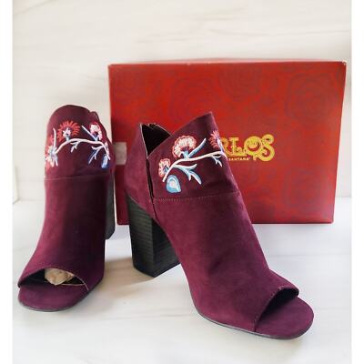 NEW Carlos by Carlos Santana Talana Syrah Peep-Toe Booties 8.5M Burgundy Floral