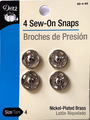 Dritz SIZE 4 Sew-on Snaps 80-4-65 Nickel-Plated Brass 4 Ct. Pkg.