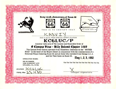 Sixty-Sixth Anniversary Of Route 66 QSL Radio Certificate