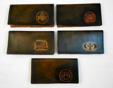 Leather Check Book Cover, Handcrafted, Many Designs Mason Firefighter Flag Cross