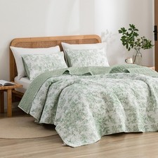 Sage Green Floral Quilt Set Queen Size Cotton Stitch Bedding, Lightweight Com...