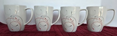 Set Of 4 Corelle Coordinates Splendor Mugs 12oz Porcelain Cups Red Gray Swirls
