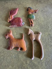 LOT OF 4 MINIATURE HAND CARVED WOODEN items, scottie, rabbit, Hula girl & horse