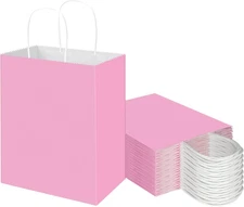 50 Pack 8X4.75X10 Inch Medium Light Pink Kraft Paper Bags with Handles Bulk, Gif