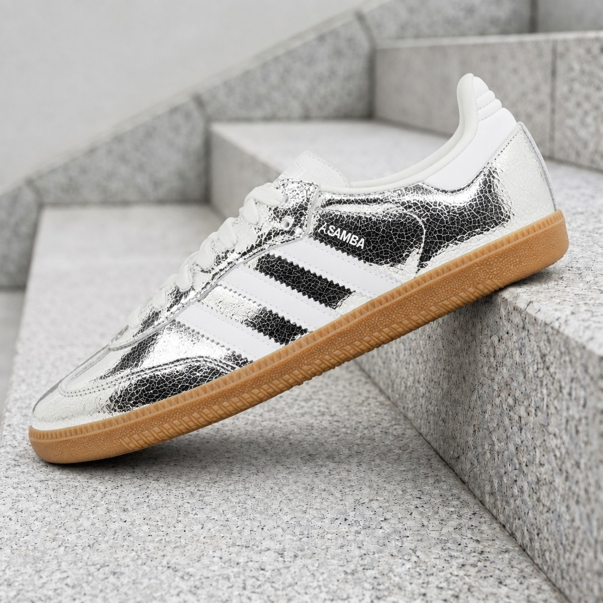 Adidas Samba OG Silver Metallic Cracked Leather JR0035 Women's New