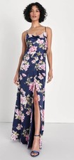 NWT Lulus Love of Romance Navy Floral Print Satin Cowl Neck Maxi Dress - Size XS