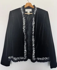 Victor Costa Black Velvet Blazer Jacket L Sequins Ruffle Trim Special Occasion